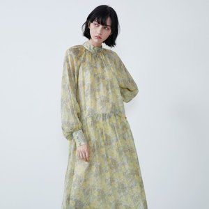 NWT Zara Metallic Thread Printed Dress Light Yellow - Size L